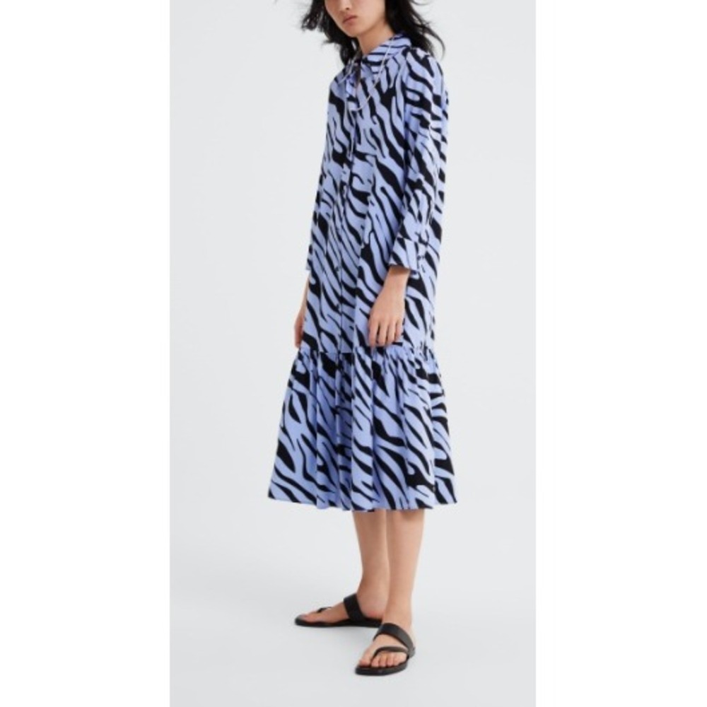 Zara Zebra Print Shirt Dress Light Blue Black Ruffle Hem Midi Womens Medium